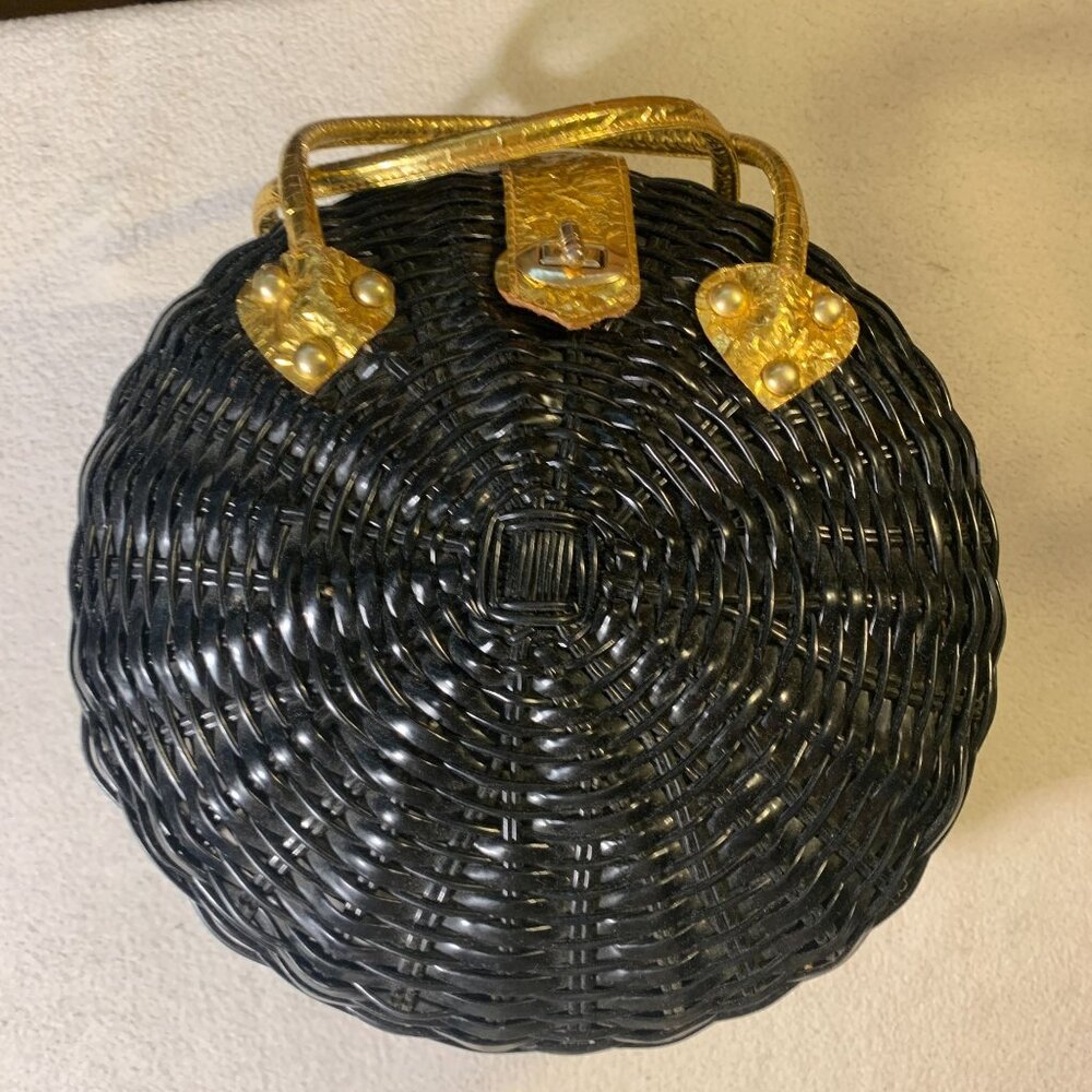 Vintage British Hong Kong Woven Wicker Basket Purse Handbag Black Gold